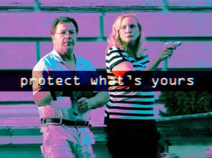 Patricia and Mark McCloskey in front of their house with Protect What's Yours caption in tradwave glitch style