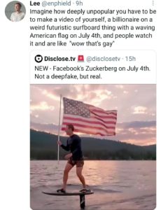tweet about mark zuckerberg surfing holding flag