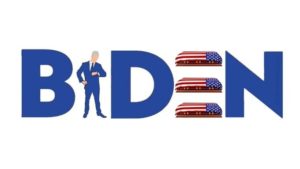 biden logo with biden standing