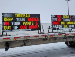 canada trucker protest signs on truck