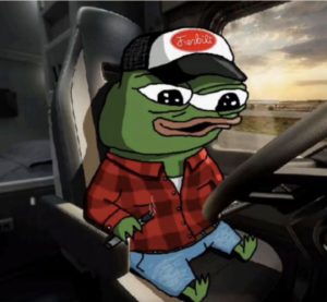 frog driving truck in drivers seat