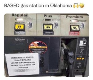 sign on gas pump about stickers oklahoma